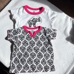 Kids Short Sleeve Tee Duo - White & Black Pattern with Pink Trim